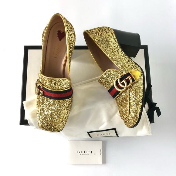 Gucci Shoes - Gucci Peyton Web Stripe Gold Glitter Platform Loafers 37.5